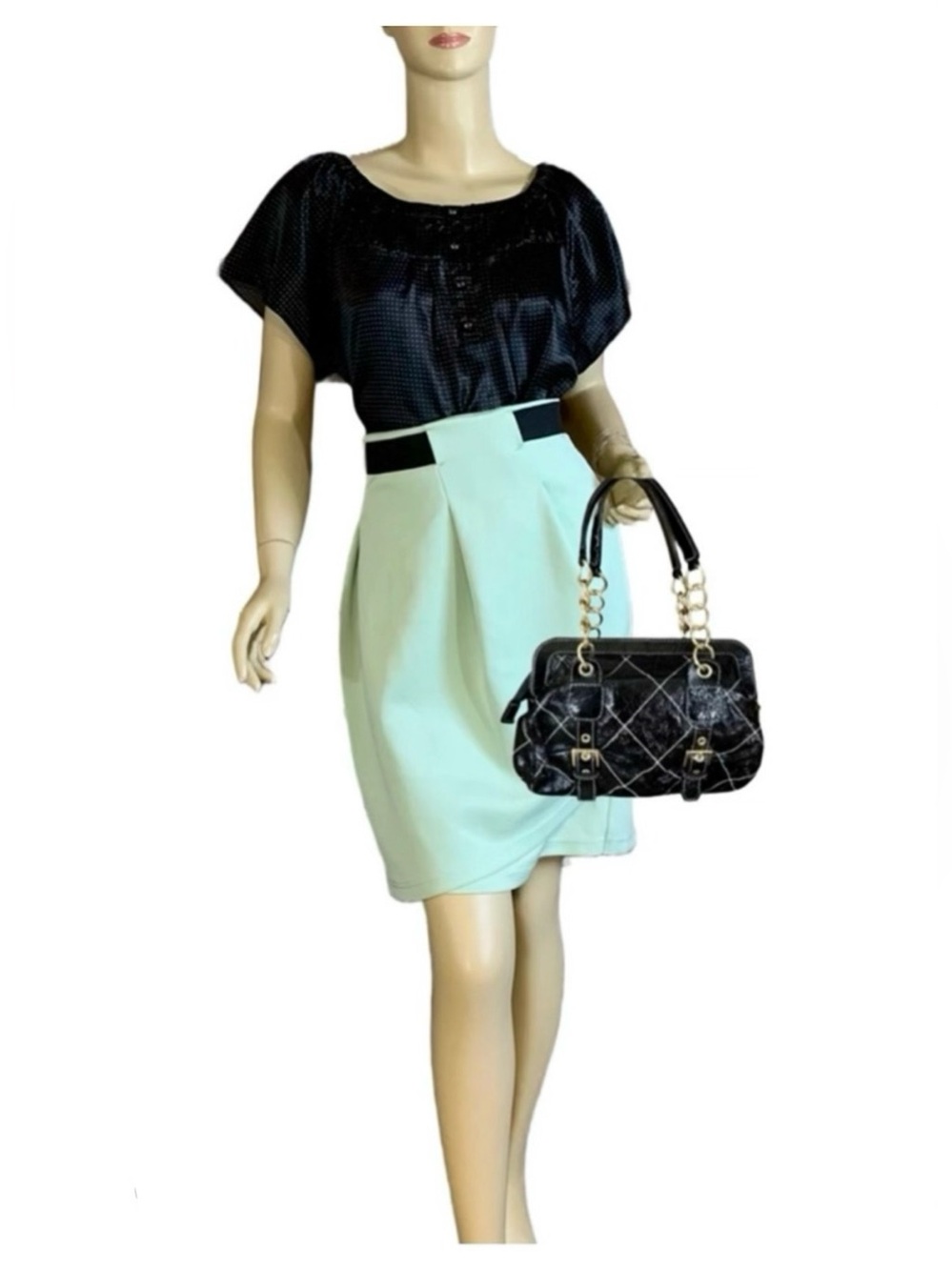 JUNAROSE MINT GREEN AND BLACK FAUX WRAP SCUBA KNIT FABRIC SKIRT (1X)